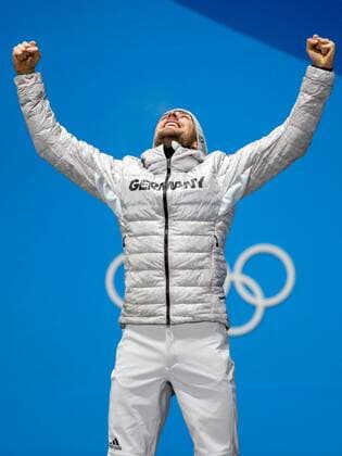 OLYMPICS - 2018 Winter Olympics PYEONGCHANG,SOUTH KOREA,21.FEB.18 - OLYMPICS,NORDIC SKIING, NORDIC COMBINED - Olympic Winter games Winterspiele Spiele Summer games PyeongChang 2018, Medals Plaza, individual large hill, men, award ceremony. Image shows the rejoicing of ohannes Rydzek (GER). GEPAxpictures xMaticxKlansek