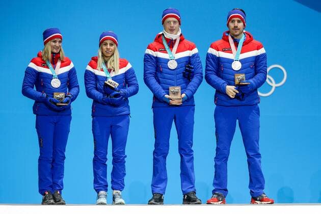 OLYMPICS - 2018 Winter Olympics PYEONGCHANG,SOUTH KOREA,21.FEB.18 - OLYMPICS,BIATHLON - Olympic Winter games Winterspiele Spiele Summer games PyeongChang 2018, Medals Plaza, 2 x 6km and 2 x 7,5km, mixed relay, award ceremony. Image shows Marte Olsbu, Tiril Eckhoff, Johannes Thingnes Boe and Emil Hegle Svendsen (NOR) Keywords: medals. GEPAxpictures xMaticxKlansek