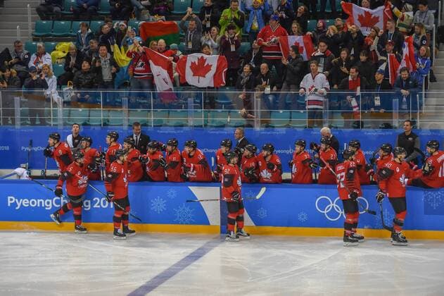 PYEONGCHANG, South Korea - FEBRUARY 21: Team Canada celebrates an early third period goal by Canada men s hockey defender Maxim Noreau (56), assisted by Canada men s hockey forward Eric O Dell (22) which ended up being the only goal of the game during the men s hockey semi final game between Canada and Finland during the 2018 Winter Olympic Games Olympische Spiele Olympia OS at the Gangneung Hockey Center on February 21, 2018 in PyeongChang, South Korea. Canada advances to the gold medal game with 1-0 victory. (Photo by Ken Murray Icon Sportswire) OLYMPICS: FEB 21 PyeongChang - Day 14 Icon18022114029 EDITORIAL USE ONLY