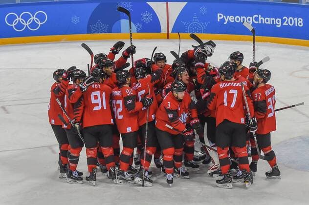 PYEONGCHANG, South Korea - FEBRUARY 21: Team Canada celebrates a shutout victory following the men s hockey semi final game between Canada and Finland during the 2018 Winter Olympic Games Olympische Spiele Olympia OS at the Gangneung Hockey Center on February 21, 2018 in PyeongChang, South Korea. Canada advances to the gold medal game with 1-0 victory. (Photo by Ken Murray Icon Sportswire) OLYMPICS: FEB 21 PyeongChang - Day 14 Icon18022114042 EDITORIAL USE ONLY