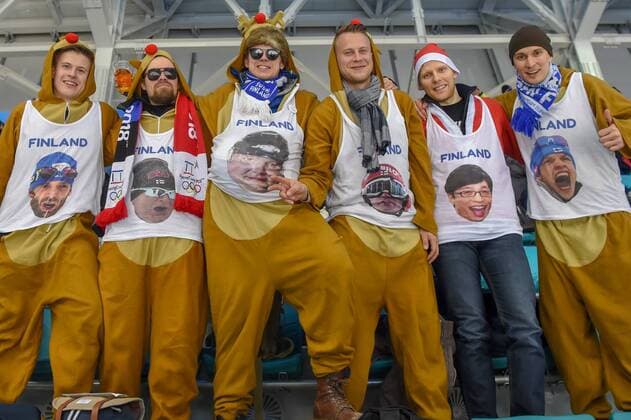 PYEONGCHANG, South Korea - FEBRUARY 21: Wild Finland fans came dressed for the cold weather during the men s hockey semi final game between Canada and Finland during the 2018 Winter Olympic Games Olympische Spiele Olympia OS at the Gangneung Hockey Center on February 21, 2018 in PyeongChang, South Korea. Canada advances to the gold medal game with 1-0 victory. (Photo by Ken Murray Icon Sportswire) OLYMPICS: FEB 21 PyeongChang - Day 14 Icon18022114006 EDITORIAL USE ONLY