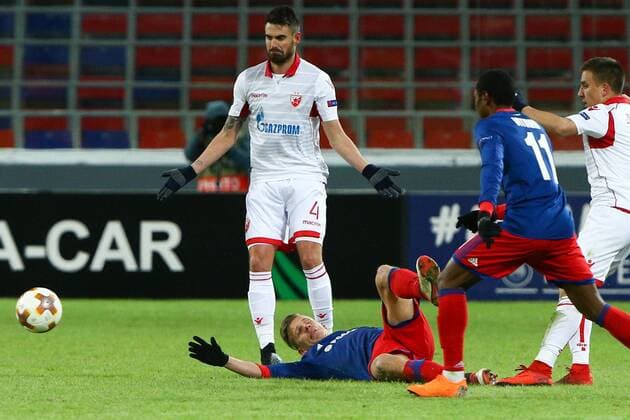 MOSCOW, RUSSIA - FEBRUARY 21, 2018: Crvena Zvezda Belgradeâ€™s Damien Le Tallec, CSKA Moscow s Pontus Wernbloom and Vitinho (L-R) in their 2017-2018 UEFA Europa League Round of 32 second leg football match at VEB Arena in Moscow. Mikhail Tereshchenko TASS  TS075214