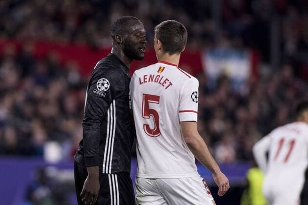 February 21, 2018 - Seville, Spain - CLEMENT LENGLET of Sevilla (R ) and ROMELU LUKAKU of Manchester (L) during the UEFA Champions League Round of 16 (first leg) match between Sevilla FC and Manchester United ManU at Estadio Ramon Sanchez Pizjuan Soccer 2018 - Sevilla FC vs Manchester United - ZUMAa142 20180221_zap_a142_004 Copyright: xDanielxGonzalezxAcunax