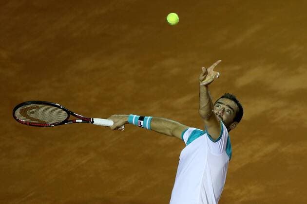 Croatian tennis player Marin Cilic returns the ball to French Gael Monfils during the Rio de Janeiro Tennis Open 2018 in Rio de Janeiro, Brazil, 21 February 2018. Rio de Janeiro Tennis Open 2018 !ACHTUNG: NUR REDAKTIONELLE NUTZUNG!  Copyright: xMarceloxSayaox RIO011 20180222-636548578737539220