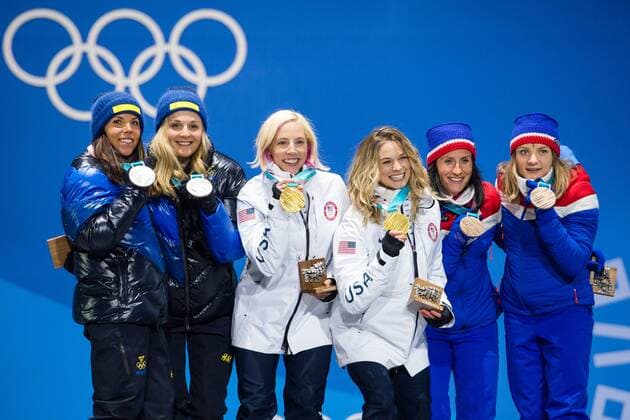 180222 Charlotte Kalla and Stina Nilsson of Sweden, Kickan Randall and Jessica Diggins of USA, Gold, Maiken Caspersen Falla and Marit Bjorgen of Norway, Bronze,Silver, celebrates with the medals at the Medal Ceremony during day thirteen of the 2018 Winter Olympics on February 22, 2018 in Pyeongchang. Photo: Carl Sandin BILDBYRAN kod CS 57999_316 Copyright: CARLxSANDIN BB180222CS030