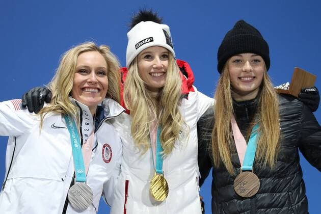 OLYMPICS - 2018 Winter Olympics PYEONGCHANG,SOUTH KOREA,22.FEB.18 - OLYMPICS, SNOWBOARDING - Olympic Winter games Winterspiele Spiele Summer games PyeongChang 2018, Big Air, ladies. Image shows Jamie Anderson (USA), Anna Gasser (AUT) and Zoi Sadowski Synnott (NZL). Keywords: medal. GEPAxpictures xMathiasxMandl