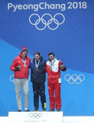 (180222) -- PYEONGCHANG, Feb. 22, 2018 -- Gold medalist Andre Myhrer of Sweden (C), silver medalist Ramon Zenhaeusern of Switzerland (L) and bronze medalist Michael Matt of Austria pose for photos during medal ceremony of men s slalom of alpine skiing at the 2018 PyeongChang Winter Olympic Games Olympische Spiele Olympia OS at Medal Plaza, PyeongChang, South Korea, Feb. 22, 2018. ) (SP)OLY-SOUTH KOREA-PYEONGCHANG-ALPINE SKIING-MEN S SLALOM-MEDAL CEREMONY BaixXuefei 
