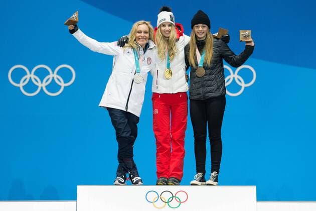 From left Ladies Big Air Snowboard silver medalist Jamie Anderson of the United States, gold medalist Anna Gasser of Austria, and bronze medalist Zoi Synnott Sadowski of New Zealand pose for a photo during the medals ceremony for the 2018 Olympics at the Pyeongchang Medals Plaza in Pyeongchang, South Korea on February 22, 2018.  OLY20180222161 MATTHEWxHEALEY