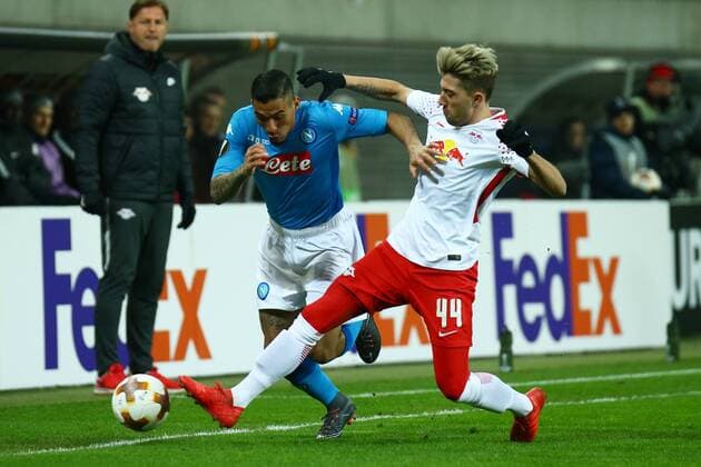 Bilder des Tages SPORT 22.02.2018, xkvx, Fussball Europa League, RB Leipzig - SSC Neapel, emspor, v.l. Allan (SSC Neapel), Kevin Kampl (RBL - RB Leipzig) Leipzig