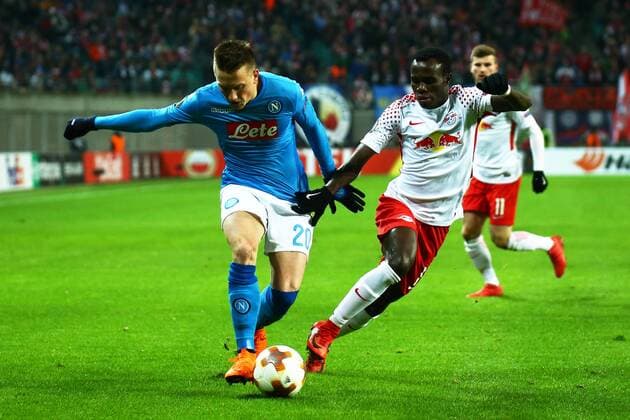 22.02.2018, xkvx, Fussball Europa League, RB Leipzig - SSC Neapel, emspor, v.l. Piotr Zielinski (SSC Neapel), Bruma (RBL - RB Leipzig) Leipzig