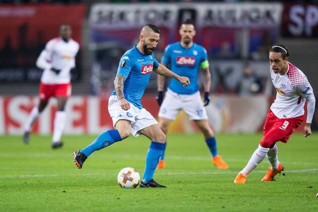 22.02.2018 LIPSK, PILKA NOZNA (FOOTBALL), UEFA LIGA EUROPY (UEFA EUROPA LEAGUE), SEZON 2017 2018 , 1 16 FINAL (ROUND OF 16) MECZ RB LIPSK - SSC NAPOLI (RB LEIPZIG - SSC NAPOLI) NZ LORENZO TONELLI FOTO LUKASZ SKWIOT CYFRASPORT NEWSPIX.PL --- Newspix.pl  20180222CSLS0004