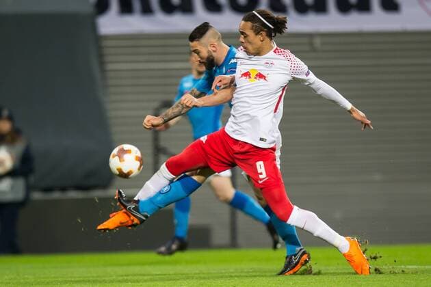 22.02.2018 LIPSK, PILKA NOZNA (FOOTBALL), UEFA LIGA EUROPY (UEFA EUROPA LEAGUE), SEZON 2017 2018 , 1 16 FINAL (ROUND OF 16) MECZ RB LIPSK - SSC NAPOLI (RB LEIPZIG - SSC NAPOLI) NZ YUSSUF POULSEN FOTO LUKASZ SKWIOT CYFRASPORT NEWSPIX.PL --- Newspix.pl  20180222CSLS0008