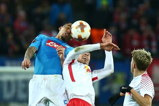 22.02.2018, xkvx, Fussball Europa League, RB Leipzig - SSC Neapel, emspor, v.l. Allan (SSC Neapel), Yussuf Poulsen (RBL - RB Leipzig) Leipzig