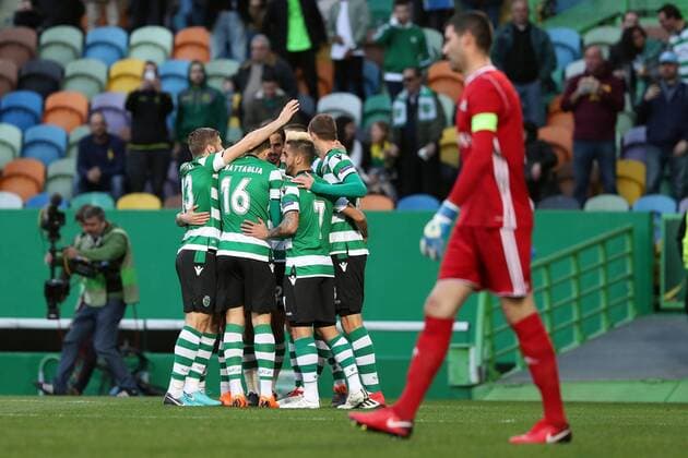 February 22, 2018 - Lisbon, Portugal - Sporting s forward Bas Dost from Holland celebrates with teammates after scoring during the UEFA Europa League round of 32 second leg football match between Sporting CP and FC Astana at Alvalade stadium in Lisbon, Portugal on February 22, 2018. UEFA Europa League round of 32 second leg football match Sporting CP vs FC Astana - ZUMAf123 20180222_zap_f123_002 Copyright: xPedroxFiuzax
