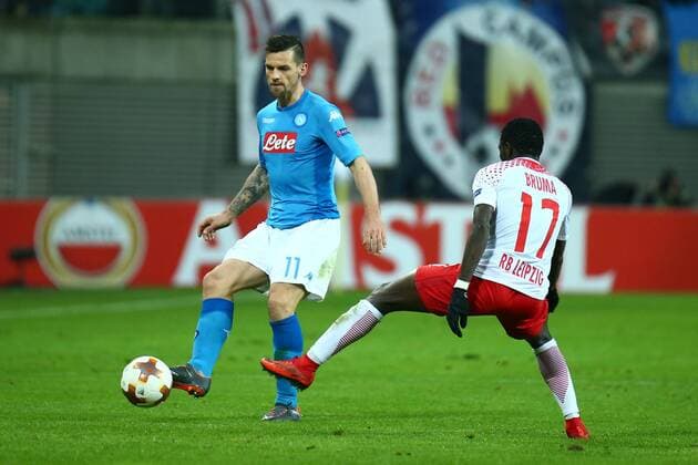 22.02.2018, xkvx, Fussball Europa League, RB Leipzig - SSC Neapel, emspor, v.l. Christian Maggio (SSC Neapel), Bruma (RBL - RB Leipzig) Leipzig