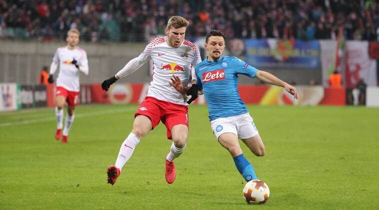 RB Leipzig - SSC Neapel Fussball Euro League Leipzig, 22.02.2018, Red Bull Arena, Fussball, UEFA EURO EM Europameisterschaft Fussball League, 16el Finale, Rückspiel , SSC Neapel vs. RB Leipzig. , Im Bild von links; Timo Werner (11, RB Leipzig) und M‡rio Rui (6, Neapel). ,