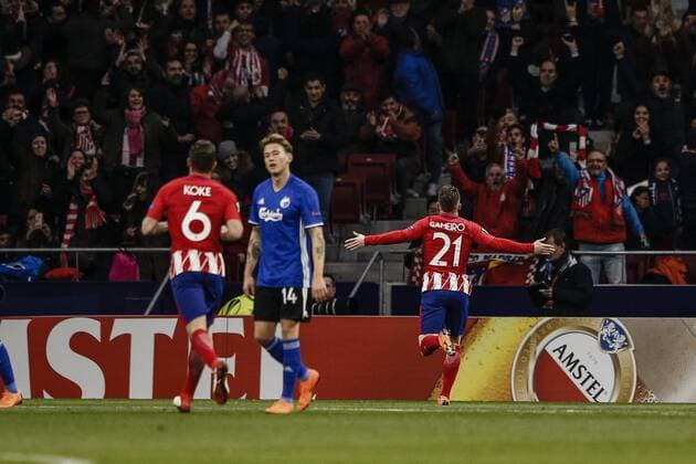 22nd February 2018, Wanda Metropolitano, Madrid, Spain; UEFA Europa League football, round of 32, 2nd leg, Atletico Madrid versus FC Copenhagen; Kevin Gameiro (Atletico de Madrid) celebrates his goal which made the score 1-0  ActionPlus11991352