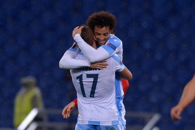 Esultanza dopo il terzo gol di Ciro Immobile Lazio, con Anderson. Goal celebration. Roma 22-02-2018 Stadio Olimpico Europa League · Sedicesimi di finale Lazio - FCSB Foto Antonietta Baldassarre Insidefoto AntoxBaldassarre