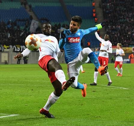 Fussball, Herren, Saison 2017 2018, Europa League (Zwischenrunde, Rückspiel), RB Leipzig - SSC Neapel, v. l. Dayot Upamecano (RB Leipzig), Lorenzo Insigne ( 24, SSC Neapel), 22.02. 2017, Copyright: xMatthiasxKochx