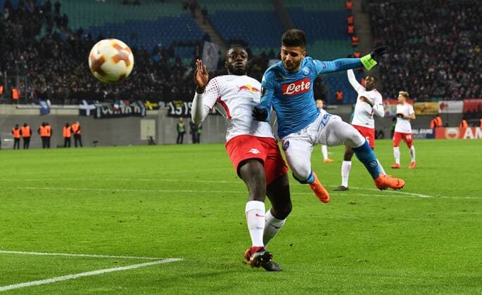 Fussball, Herren, Saison 2017 2018, Europa League (Zwischenrunde, Rückspiel), RB Leipzig - SSC Neapel, v. l. Dayot Upamecano (RB Leipzig), Lorenzo Insigne ( 24, SSC Neapel), 22.02. 2017, Copyright: xMatthiasxKochx
