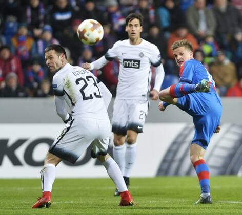 From left BOJAN OSTOJIC, MARKO JEVTOVIC (both of Partizan) and JAN KOPIC of Viktoria in action during the Europa Football League 2nd round return match Viktoria Plzen vs Partizan Belgrade in Doosan Arena, Plzen (Pilsen), Czech Republic, February 22, 2018. (CTKxPhoto MiroslavxChaloupka) CTKPhotoP201802221225901  cha03
