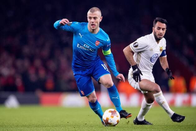 180222 Arsenals Jack Wilshere och Östersunds Brwa Nouri under fotbollsmatchen i Europa League mellan Arsenal och Östersund den 22 februari 2018 i London. Copyright: ANDREASxLxERIKSSON BB180222AE020