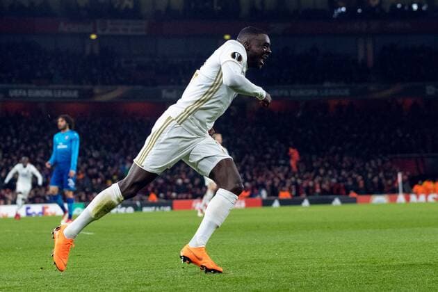 180222 Östersunds Ken Sema jublar efter 0-2 under fotbollsmatchen i Europa League mellan Arsenal och Östersund den 22 februari 2018 i London. Copyright: ANDREASxLxERIKSSON BB180222AE025