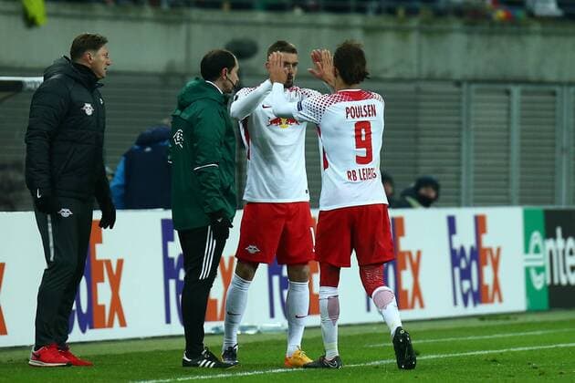 22.02.2018, xkvx, Fussball Europa League, RB Leipzig - SSC Neapel, emspor, v.l. Stefan Ilsanker (RBL - RB Leipzig), Yussuf Poulsen (RBL - RB Leipzig) Leipzig