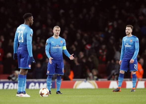 Arsenal s Jack Wilshere looks on dejected after Ostersund s second goal during the Europa League Round of 32 match at the Emirates Stadium, London. Picture date: February 22nd 2018. Picture credit should read: David Klein Sportimage EDITORIAL USE ONLY. No use with unauthorised audio, video, data, fixture lists, club league logos or live services. Online in-match use limited to 120 images, no video emulation. No use in betting, games or single club league player publications.