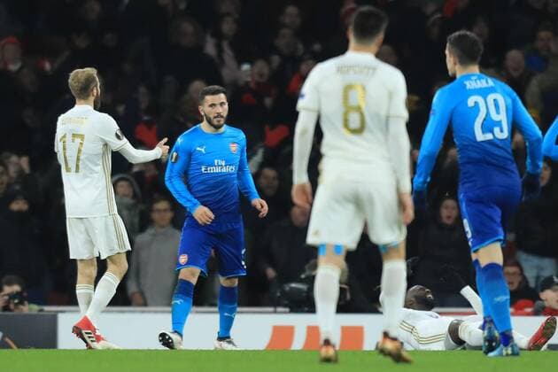 22nd February 2018, Emirates Stadium, London, England; UEFA Europa League football, round of 32, 2nd leg, Arenal versus Ostersund FK; Sead Kolasinac of Arsenal celebrates after scoring as he makes it 1-2  ActionPlus11991398