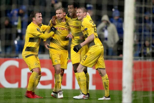 Mario Goetze ( Borussia Dortmund 10 ) Marcel Schmelzer ( Borussia Dortmund 29 ) Alexander Isak ( Borussia Dortmund 14 ) Andre Schuerrle ( Borussia Dortmund 21 ) Jubel nach dem 1:1, Atalanta Bergamo vs. Borussia Dortmund, Europa League, Fussball, 22.02.2018, Reggio Emilia Copyright: xLanger Eibner-Pressefotox EP_HLR
