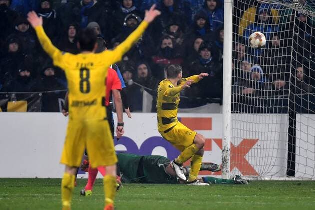 Gol Marcel Schmelzer Borussia 1-1 goal celebration Reggio Emilia 22-02-2018 Stadio del Tricolore Football Calcio Europa League 2017 2018 round of 32 Atalanta - Borussia Dortmund Foto Andrea Staccioli Insidefoto andreaxstaccioli