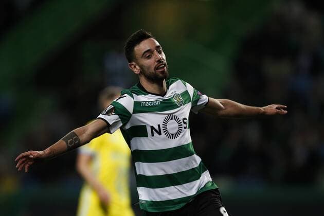 February 22, 2018 - Lisbon, Portugal - Sporting s midfielder Bruno Fernandes celebrates his second goal during UEFA Europa League round of 32 second leg football match between Sporting CP vs FC Astana, in Lisbon, on February 21, 2018. Sporting Lisbon v FC Astana - UEFA Europa League  - ZUMAn230 20180222_zaa_n230_504 Copyright: xCarlosxPalmax