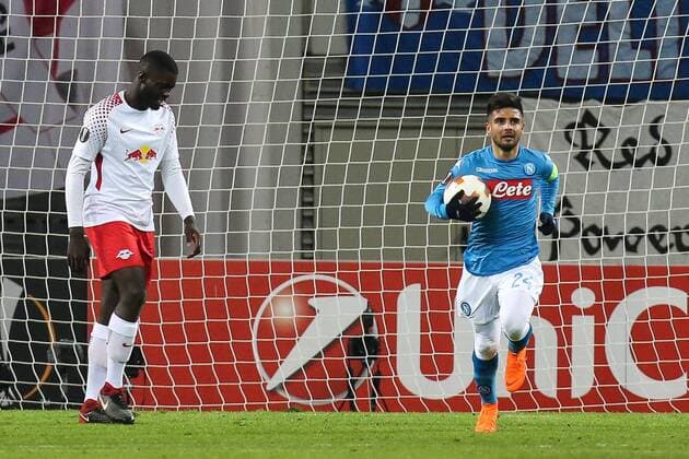 Torschütze Lorenzo Insigne (SSC Neapel) trifft zum 0-2 - Zwischenrunde Europa League Saison 2017-2018 RasenBallsport Leipzig vs. SSC Neapel in der RB Arena in Leipzig - Aktion,Deutschland, Fußball, Mann, Maenner,22.02.2018
