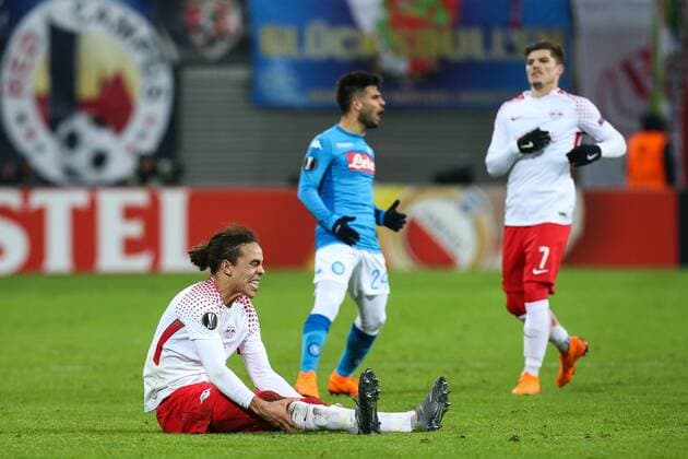 Yussuf Poulsen (RB Leipzig) - Zwischenrunde Europa League Saison 2017-2018 RasenBallsport Leipzig vs. SSC Neapel in der RB Arena in Leipzig - Aktion,Deutschland, Fußball, Mann, Maenner,22.02.2018