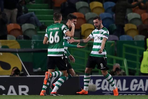 February 22, 2018 - Lisbon, Portugal - Sporting s midfielder Bruno Fernandes from Portugal celebrates with teammates after scoring during the UEFA Europa League round of 32 second leg football match between Sporting CP and FC Astana at Alvalade stadium in Lisbon, Portugal on February 22, 2018. Sporting Lisbon v FC Astana - UEFA Europa League  - ZUMAn230 20180222_zaa_n230_581 Copyright: xPedroxFiuzax