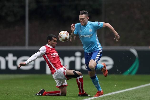 February 22, 2018 - Lisbon, Braga, Portugal - Braga s Brazilian defender Marcelo Goiano ( L ) vies for the ball with Marseille s Argentinian midfielder Lucas Ocampos during the UEFA Europa League, match between SC Braga and Olympique Marseille, at Municipal de Braga Stadium in Braga on February 22, 2018, Portugal. Sporting Braga v Marseille - UEFA Europa League  - ZUMAn230 20180222_zaa_n230_636 Copyright: xDpix