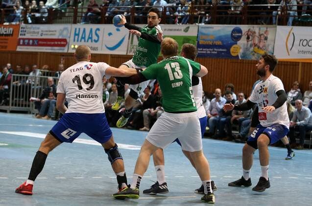 v.li.: Nicolai Hansen (ThSV Eisenach), Benjamin Herth (DJK Rimpar Wölfe), Patrick Gempp (DJK Rimpar Wölfe), Daniel Luther (ThSV Eisenach), Alexander Saul (ThSV Eisenach), DKB 2. Handball-Bundesliga, DJK Rimpar Wölfe - ThSV Eisenach,