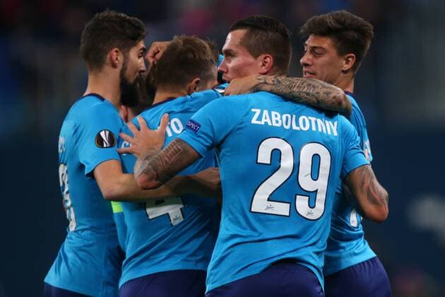 February 22, 2018 - Saint Petersburg, Russia - Players of FC Zenit Saint Petersburg celebrates after scoring a goal during the UEFA Europa League Round of 32 football match between FC Zenit Saint Petersburg and FK Celtic at Saint Petersburg Stadium. Celtic vs Zenit St Petersburg - UEFA Europa League in Saint Petersburg, Russia - 22 Feb 2018 - ZUMAs197 82004249st Copyright: xIgorxRussakx xSopaxImagesx