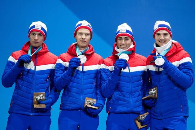 180223 Espen Andersen, J¿rgen Graabak, Jarl Magnus Riiber and Jan Schmid, Magnus Krog of norway, Silver, celebrates at the Medal Ceremony for Nordic Combined Team Gundersen LH 4x5 km during day fourteen of the 2018 Winter Olympics on February 23, 2018 in Pyeongchang. Photo: Joel Marklund BILDBYRN kod JM 87647 Copyright: JOELxMARKLUND BB180223JM065