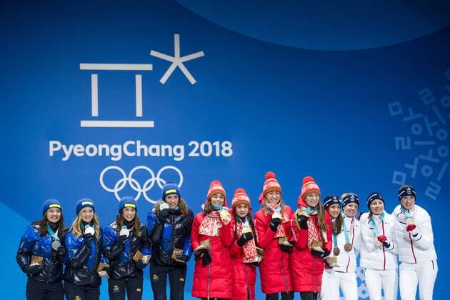 180223 Hanna Öberg, Anna Magnusson, Mona Brorsson and Linn Persson of Sweden Silver, Nadezhda Skardino, Iryna Kryuko, Dzinara Alimbekava and Darya Domracheva of Belarus, gold, and Anais Chevalier, Marie Dorin Habert, Justine Braisaz , Anais Bescond of France, Bronze, celebrates at the Medal Ceremony for the Women s Biathlon 4x6 km relay during day fourteen of the 2018 Winter Olympics on February 23, 2018 in Pyeongchang. Photo: Joel Marklund BILDBYRN kod JM 87647 Copyright: JOELxMARKLUND BB180223JM076