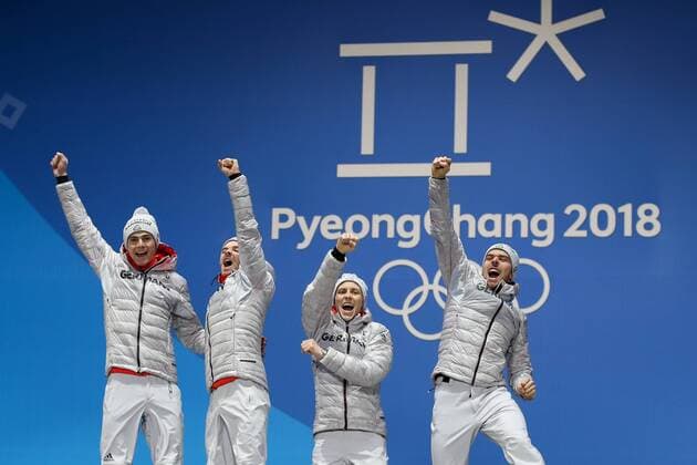 PyeongChang 2018 - Highlights der Olympischen Spiele OLYMPICS - 2018 Winter Olympics PYEONGCHANG,SOUTH KOREA,23.FEB.18 - OLYMPICS, FREESTYLE SKIING - Olympic Winter games Winterspiele Spiele Summer games PyeongChang 2018, Ski Cross, ladies. Image shows the rejoicing of Vinzenz Geiger, Fabian Riessle, Eric Frenzel and Johannes Rydzek (GER). GEPAxpictures xChristianxWalgram
