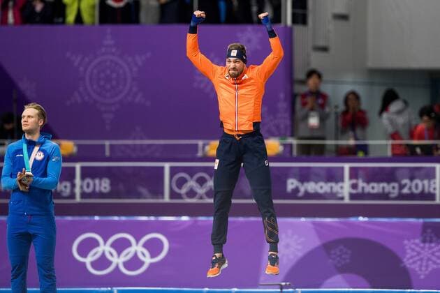 180223 Havard Holmefjord Lorentzen of Norway, Silver, and Kjeld Nuis of The Netherlands, Gold, after the Men s Speed skating Eisschnelllauf 1000m during day fourteen of the 2018 Winter Olympics on February 23, 2018 in Pyeongchang. Photo: Jon Olav Nesvold BILDBYRN kod JE 160196 Copyright: JONxOLAVxNESVOLD BB180223JE222