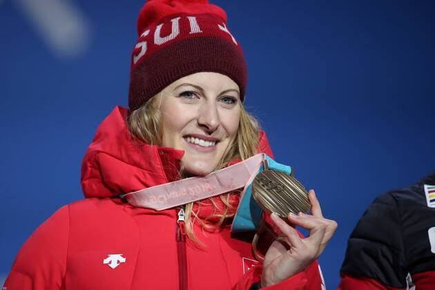 OLYMPICS - 2018 Winter Olympics PYEONGCHANG,SOUTH KOREA,23.FEB.18 - OLYMPICS, FREESTYLE SKIING - Olympic Winter games Winterspiele Spiele Summer games PyeongChang 2018, Medals Plaza, award ceremony, Ski Cross, ladies. Image shows Fanny Smith (SUI). GEPAxpictures xChristianxWalgram