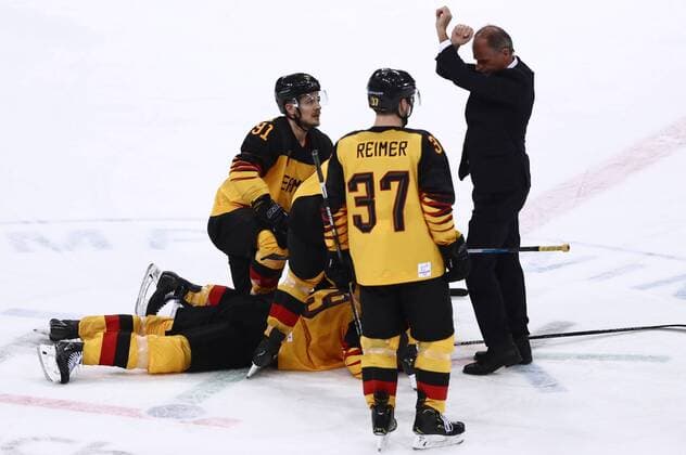 GANGNEUNG, SOUTH KOREA â€“ FEBRUARY 23, 2018: Germany s Moritz Mueller, David Wolf, and Patrick Reimer (L-R) in their men s semifinal Ice hockey Eishockey match against Canada during the 2018 Winter Olympic Games Olympische Spiele Olympia OS at the Gangneung Hockey Centre. Valery Sharifulin TASS  TS0757A0