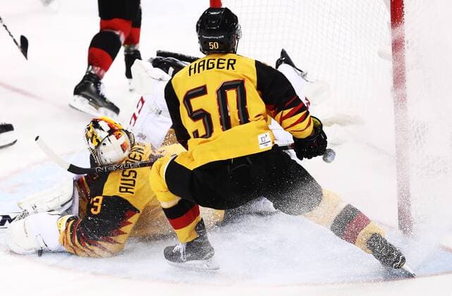 GANGNEUNG, SOUTH KOREA â€“ FEBRUARY 23, 2018: Germany s goaltender Danny aus den Birken concedes a goal in their men s semifinal Ice hockey Eishockey match against Canada during the 2018 Winter Olympic Games Olympische Spiele Olympia OS at the Gangneung Hockey Centre. Valery Sharifulin TASS  TS0757A9