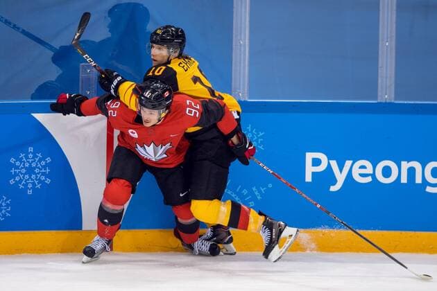 180223 Christian Thomas of Canada and Christian Ehrhoff of Germany in the Men s Ice hockey Eishockey semifinal between Canada and Germany during day fourteen of the 2018 Winter Olympics on February 23, 2018 in Pyeongchang. Photo: Petter Arvidson BILDBYRAN kod PA 91999 Copyright: PETTERxARVIDSON BB180223PA097