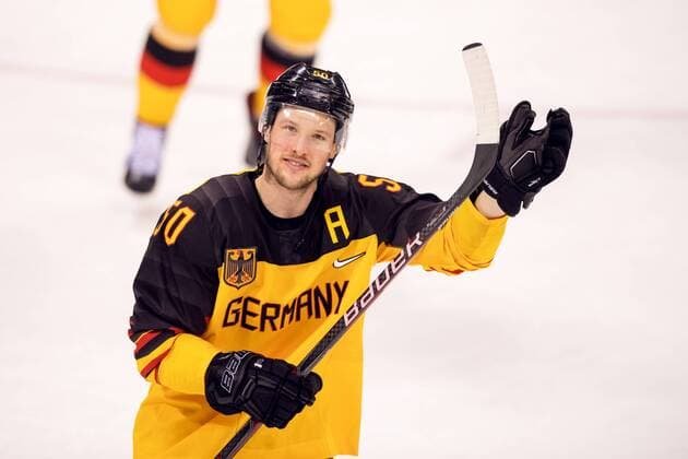 180223 Patrick Hager of Germany celebrates in the Men s Ice hockey Eishockey semifinal between Canada and Germany during day fourteen of the 2018 Winter Olympics on February 23, 2018 in Pyeongchang. Photo: Petter Arvidson BILDBYRAN kod PA 91999 Copyright: PETTERxARVIDSON BB180223PA107