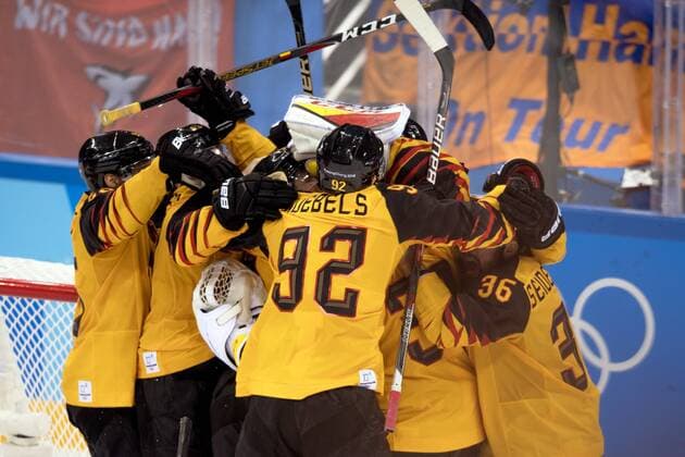 180223 The German team celebrates after the Men s Ice hockey Eishockey semifinal between Canada and Germany during day fourteen of the 2018 Winter Olympics on February 23, 2018 in Pyeongchang. Photo: Petter Arvidson BILDBYRAN kod PA 91999 Copyright: PETTERxARVIDSON BB180223PA119