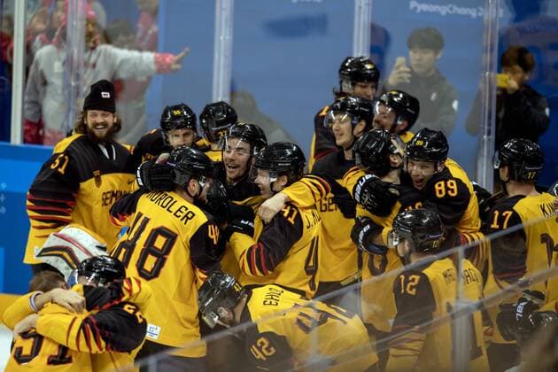180223 The German team celebrates after the Men s Ice hockey Eishockey semifinal between Canada and Germany during day fourteen of the 2018 Winter Olympics on February 23, 2018 in Pyeongchang. Photo: Petter Arvidson BILDBYRAN kod PA 91999 Copyright: PETTERxARVIDSON BB180223PA120